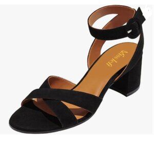 miss left Black Open Toe Mid Heeled Sandals Crossed Strap Buckles Dress Shoes